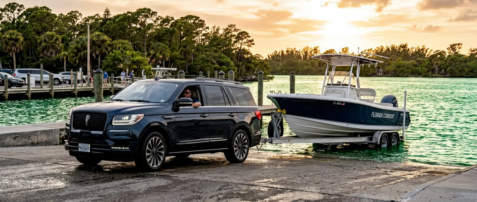 2027 Lincoln Navigator at a Gulf Coast boat launch near St. Andrews State Park, loaded for a Shell Island day trip