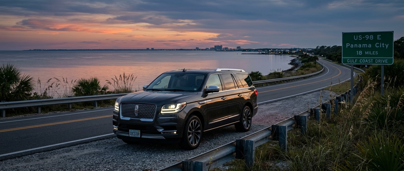 2026 Lincoln Navigator L on Florida Gulf Coast highway at dusk near Panama City