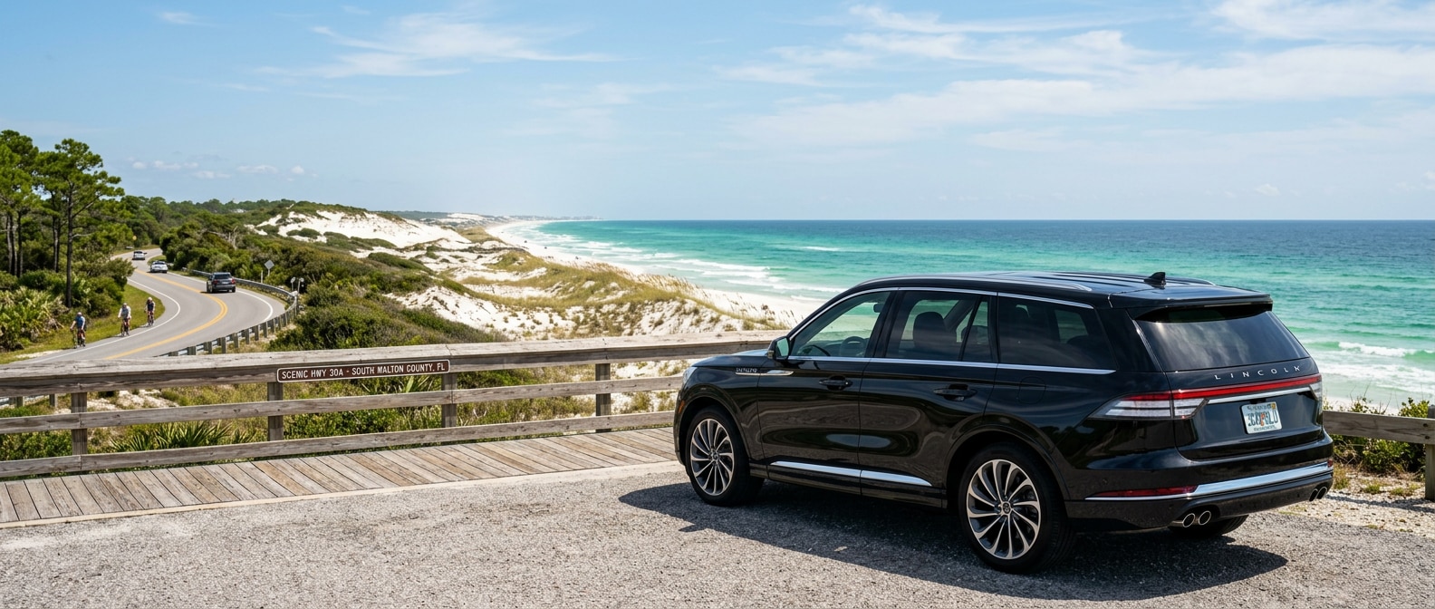 2026 Lincoln Aviator parked along Scenic Highway 30A near Santa Rosa Beach, Florida, with Gulf of Mexico in background