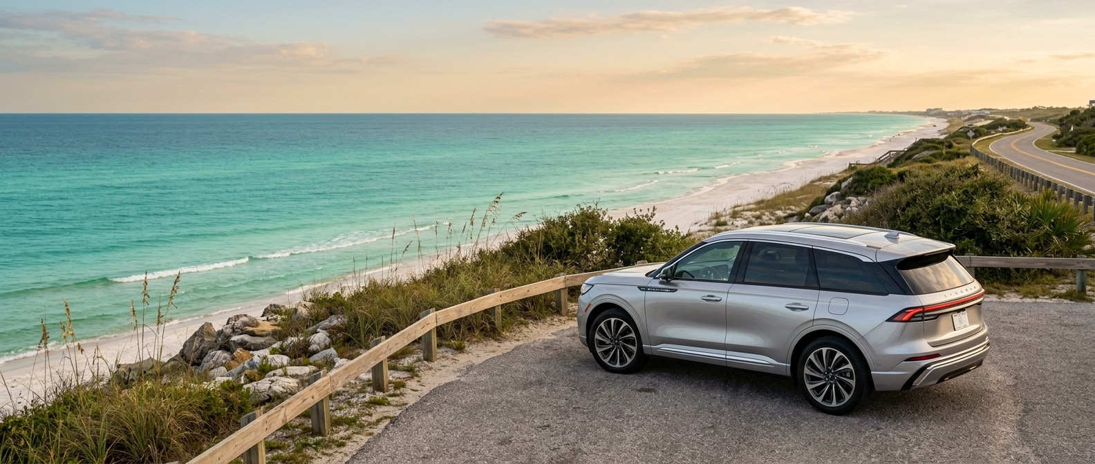 2026 Lincoln Nautilus at a Gulf Coast pull-off near Destin FL with Emerald Coast water in background