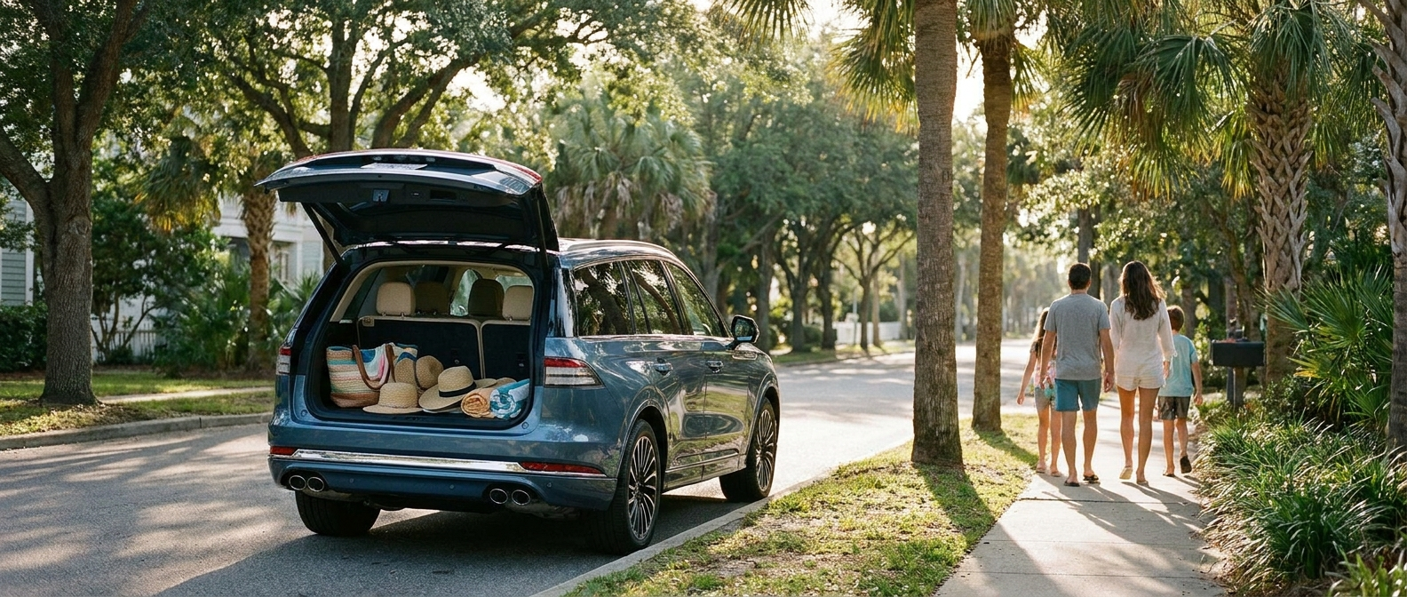 2026 Lincoln Aviator on West 15th Street in Panama City FL with liftgate open and cargo loaded for a family trip from Panama City Beach