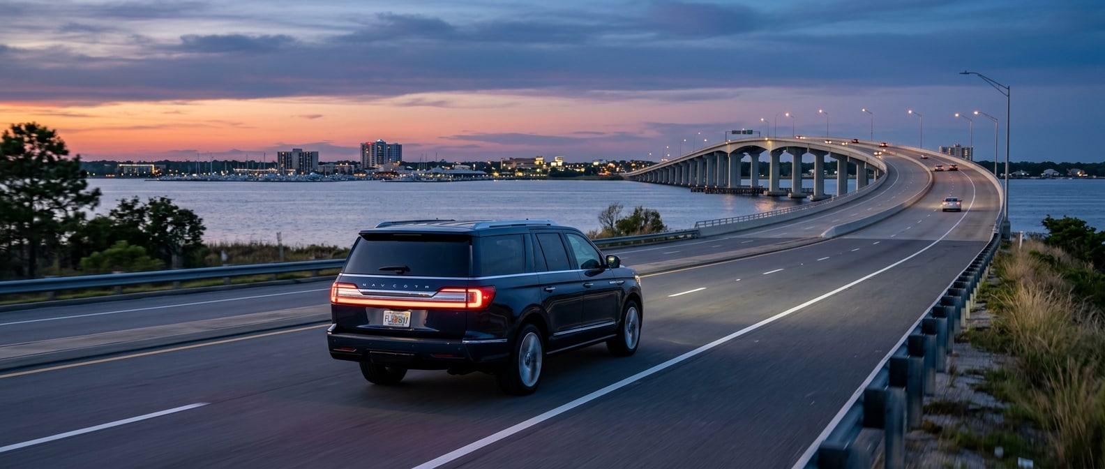 2026 Lincoln Navigator L on the Hathaway Bridge approach in Panama City FL at dusk