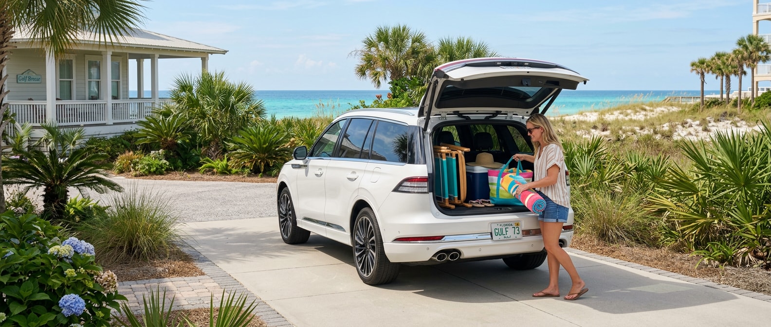 2026 Lincoln Aviator parked near Panama City Beach, Florida with rear cargo area open and beach gear being loaded