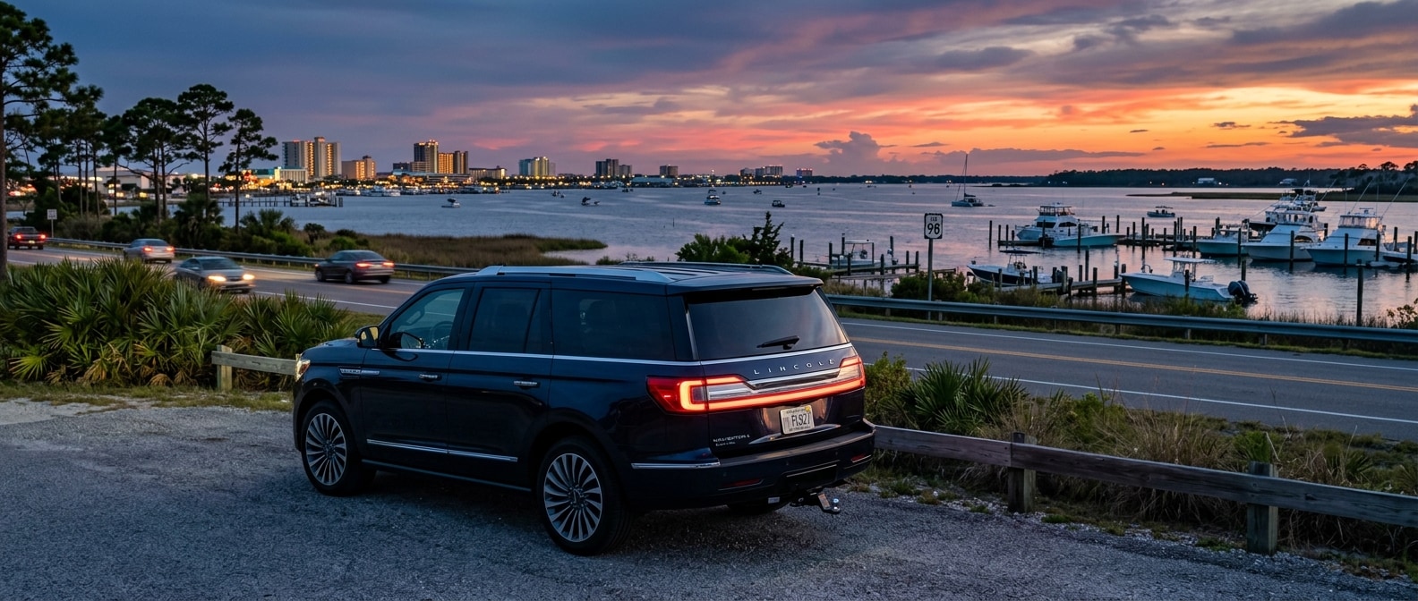 2027 Lincoln Navigator L parked near a Gulf Coast waterway at dusk with a boat trailer, Panama City, FL