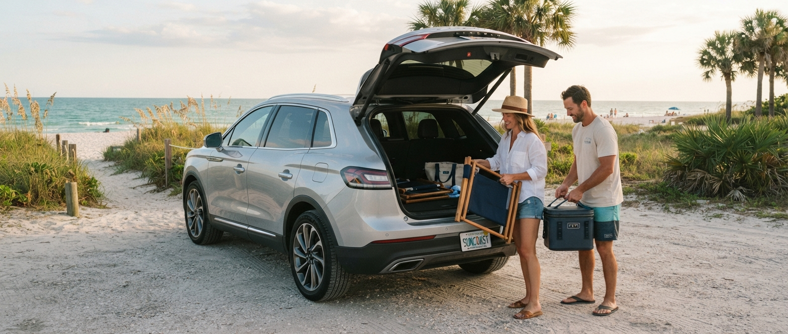 2026 Lincoln Nautilus cargo area open with beach gear at a coastal Florida park