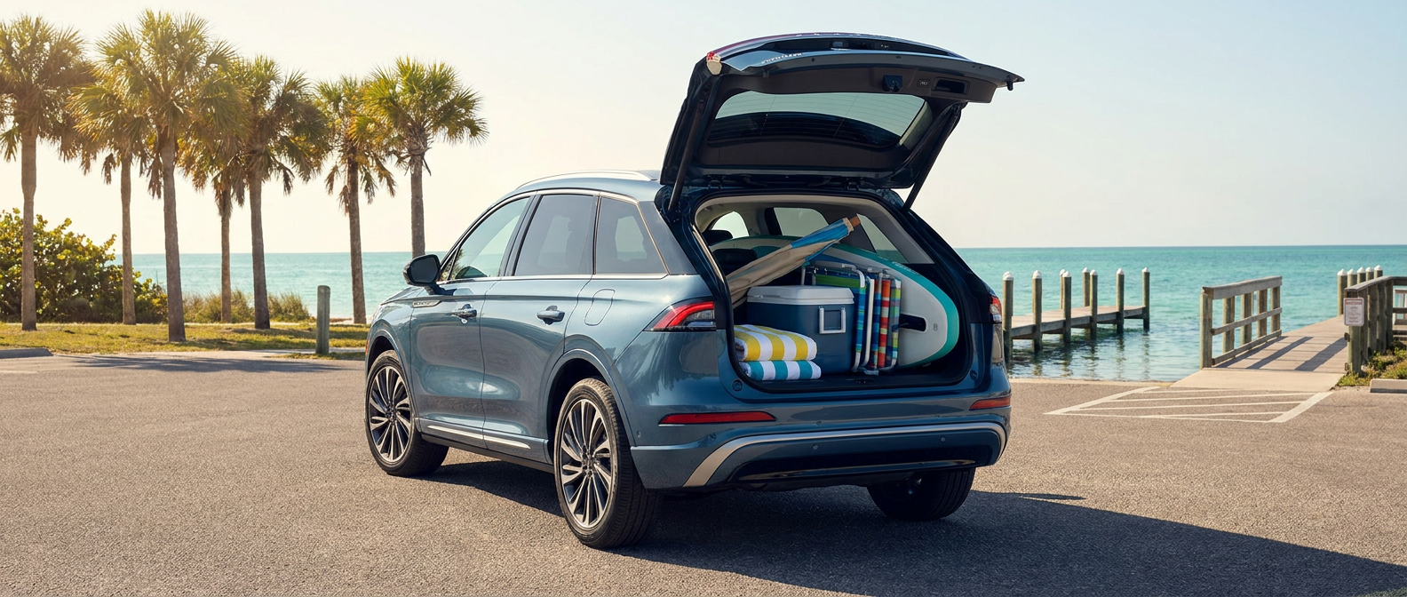 2026 Lincoln Nautilus with rear cargo door open at St. Andrews State Park near Panama City Beach, Florida