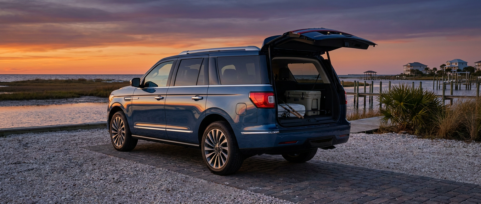 2026 Lincoln Navigator L rear three-quarter view at dusk near a Florida coastal waterway