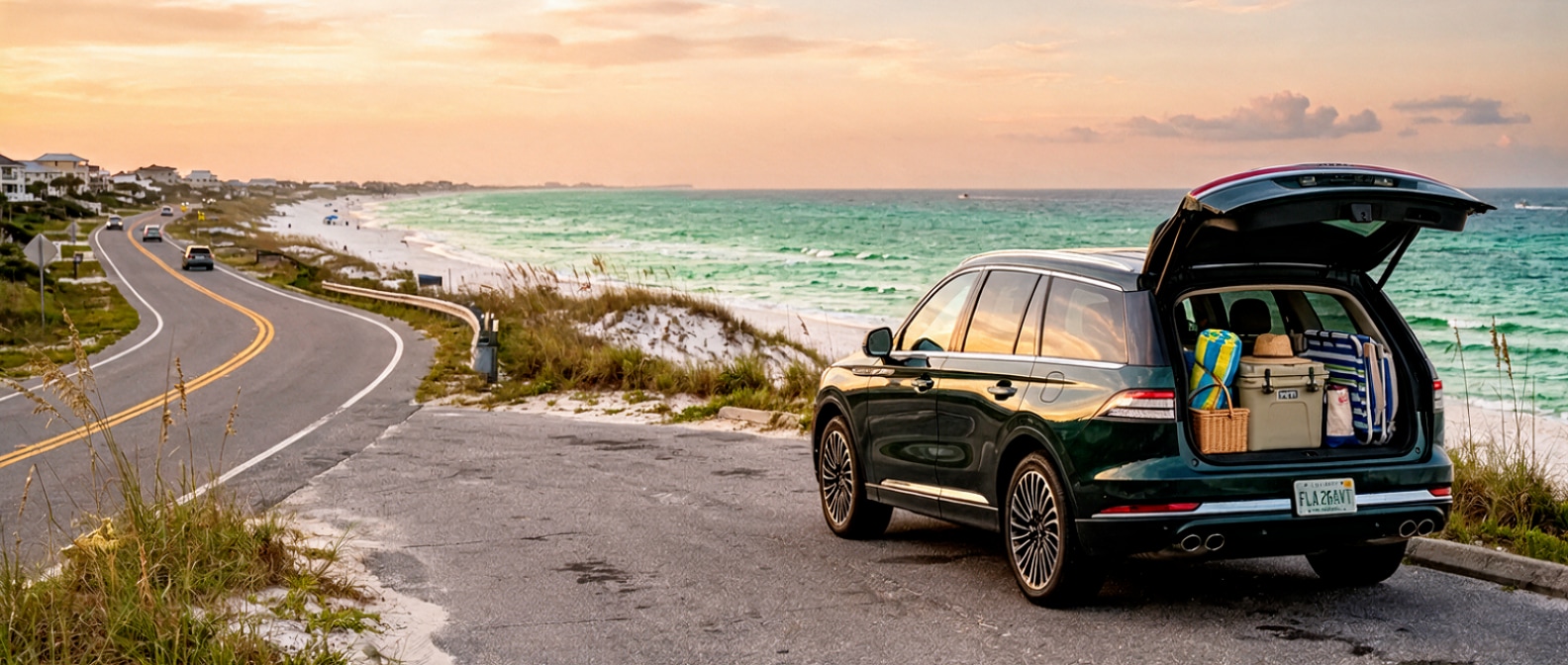 2026 Lincoln Aviator on a Florida Panhandle coastal highway near Mexico Beach, rear cargo loaded for a family beach trip