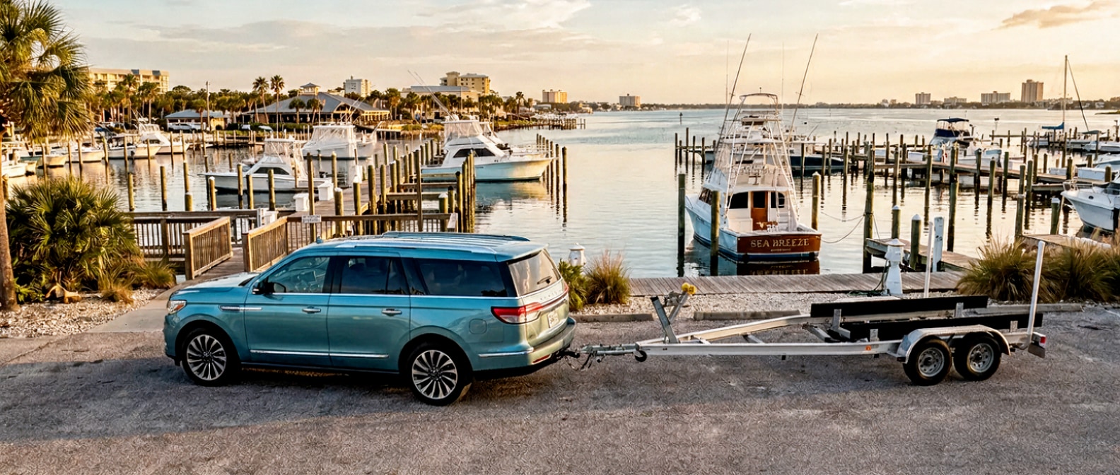 2026 Lincoln Navigator L with boat trailer at Grand Lagoon marina, Panama City Beach