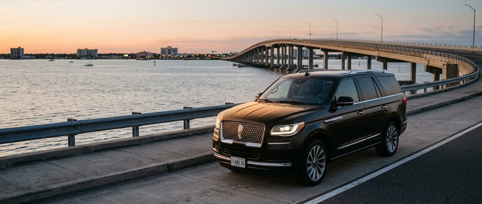 2026 Lincoln Navigator Reserve on the Hathaway Bridge approach at dusk in Panama City, FL