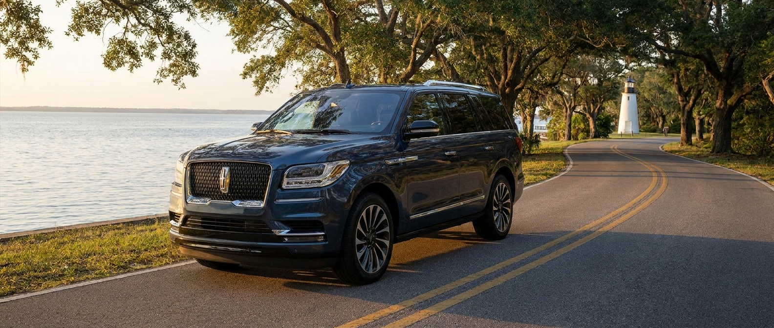 2026 Lincoln Navigator Reserve parked near St. Andrews Bay in the Florida Panhandle, afternoon coastal light