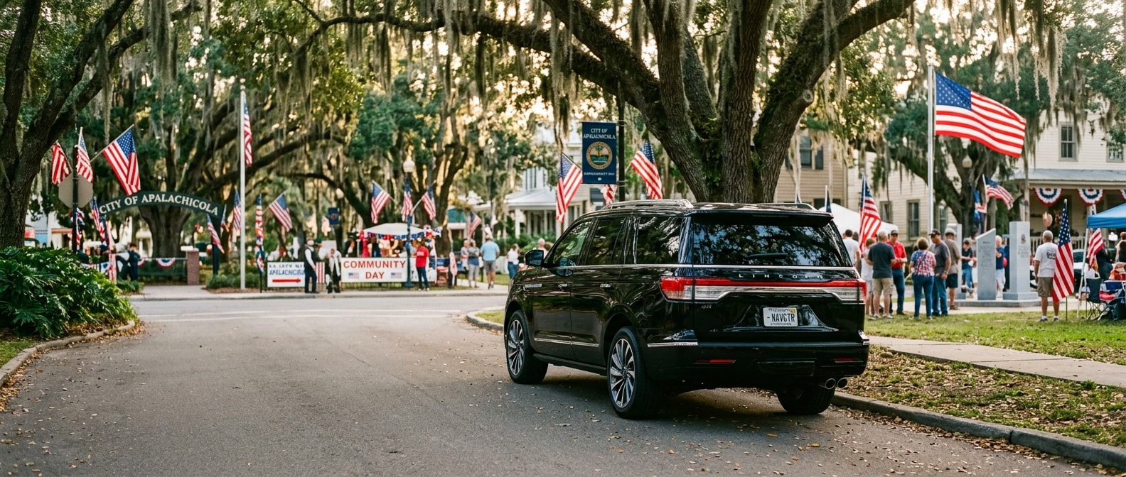 2026 Lincoln Navigator parked near a Callaway FL community event on a shaded street with American flags
