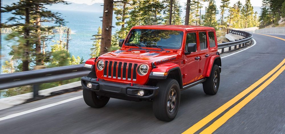 Frontal view of the 2021 Jeep Wrangler Rubicon driving