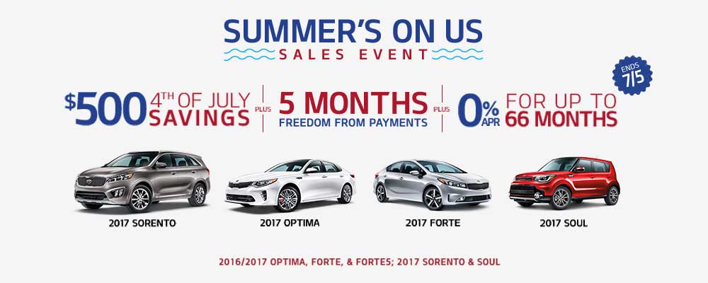 Kia Summers On Us Sales Event! No payments for 5 months plus 0% APR financing for up to 66 months.