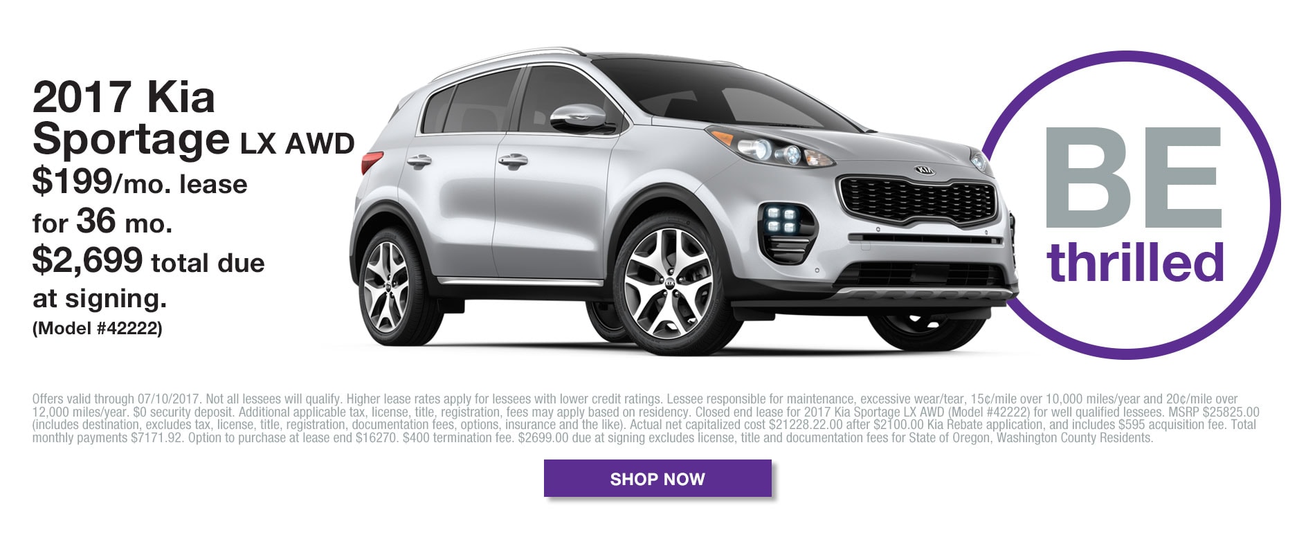 2017 Kia Sportage LX - Model# 42422 - Lease for $199/mo for 36 months with $2699 due at signing.