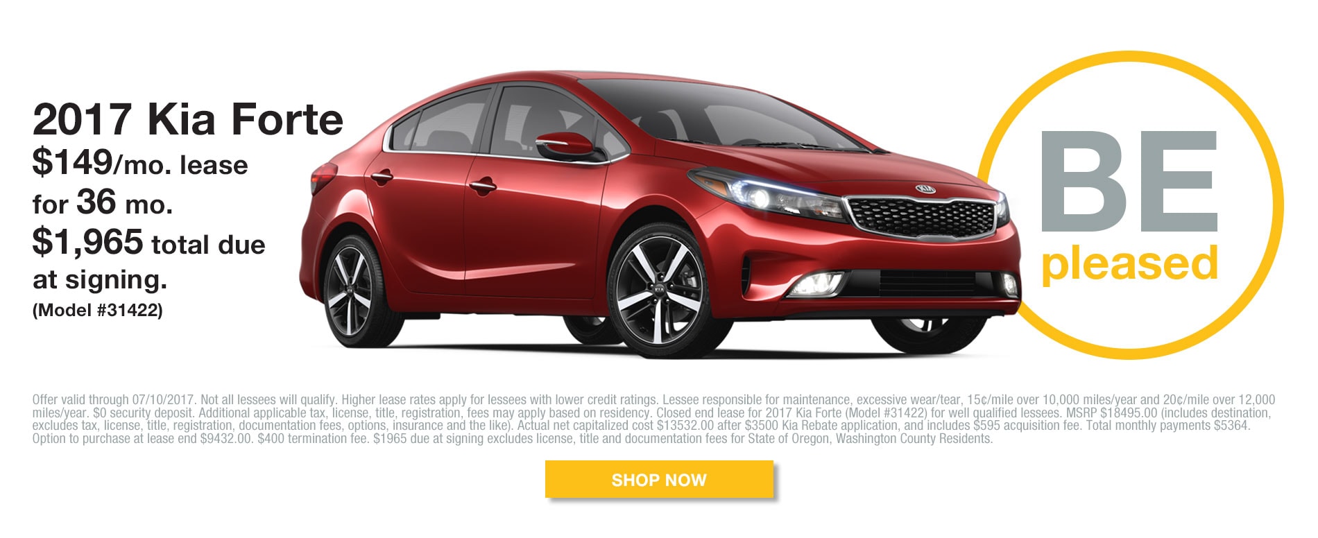 2017 Kia Forte - Model# 31422 - Lease for $149/mo for 36 months with $1965 due at signing.
