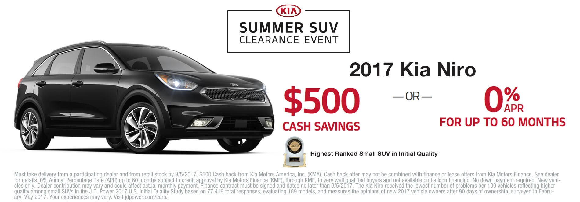 2017 Kia Soul EV Base Lease $179 per month for 36 months with $1,999 due at signing Get $500 cash savings or 0% APR financing up to 60 months for the 2017 Kia Niro