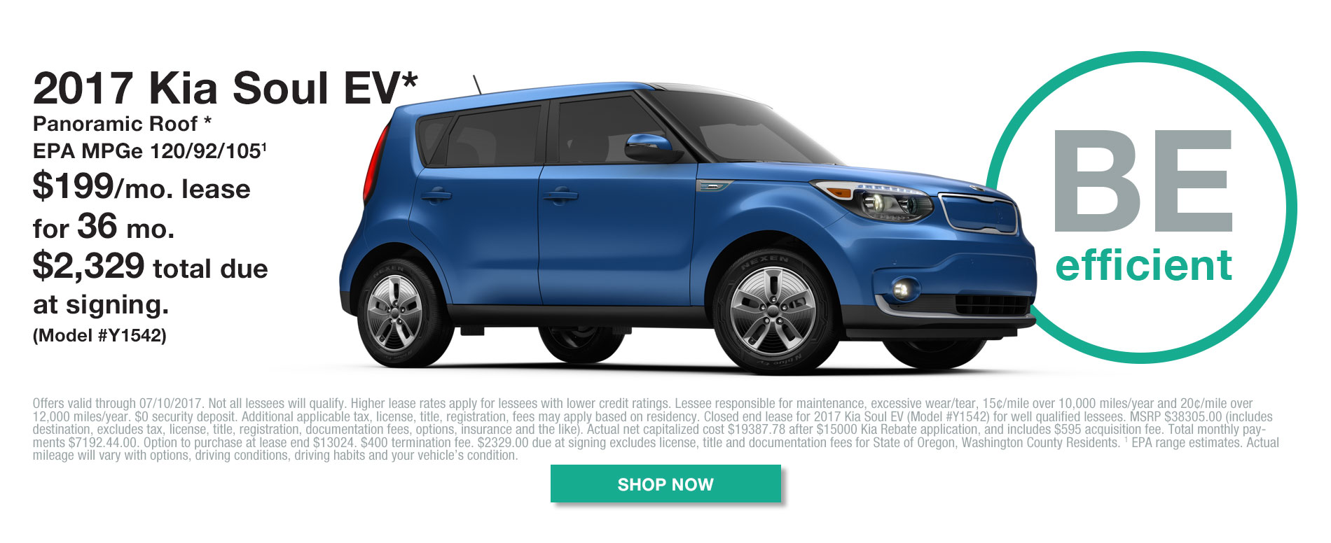 2017 Kia Soul EV - Model# Y1542 - Lease for $199/mo for 36 months with $2329 due at signing.