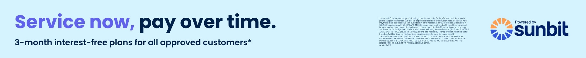 Advertisement promoting Sunbit financing for vehicle service costs including 3-month interest-free plans