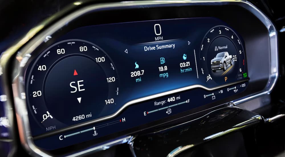 Close-up of the digital instrument cluster in a 2024 Chevy Silverado for sale.