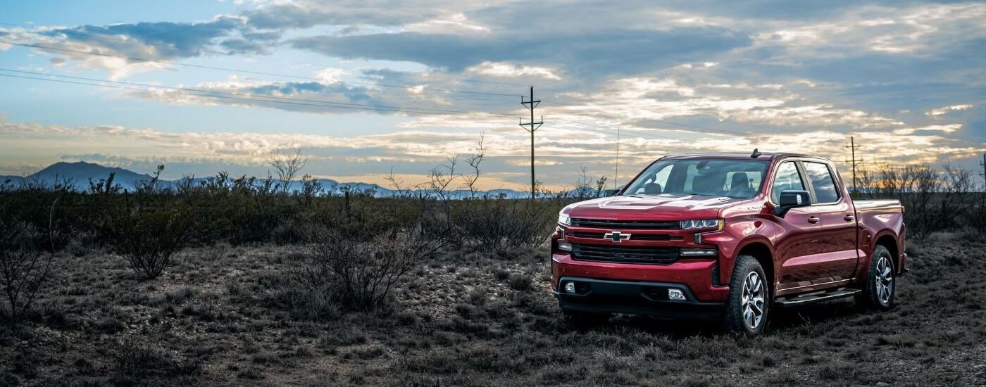 A red 2023 Chevy Silverado 1500 for sale in Cheshire parked near bushes.