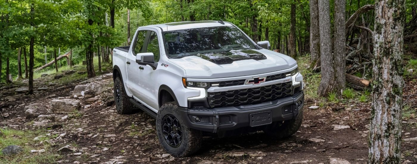 A white 2024 Chevy Silverado 1500 ZR2 Bison driving off-road in the woods.