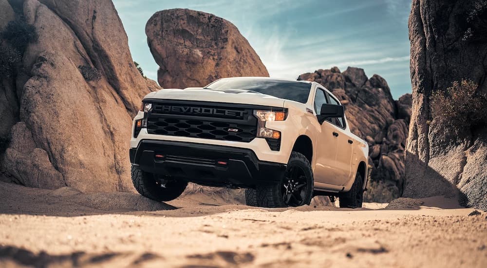 A white 2024 Chevy Silverado 1500 Custom Trail Boss is shown from the front at an angle.