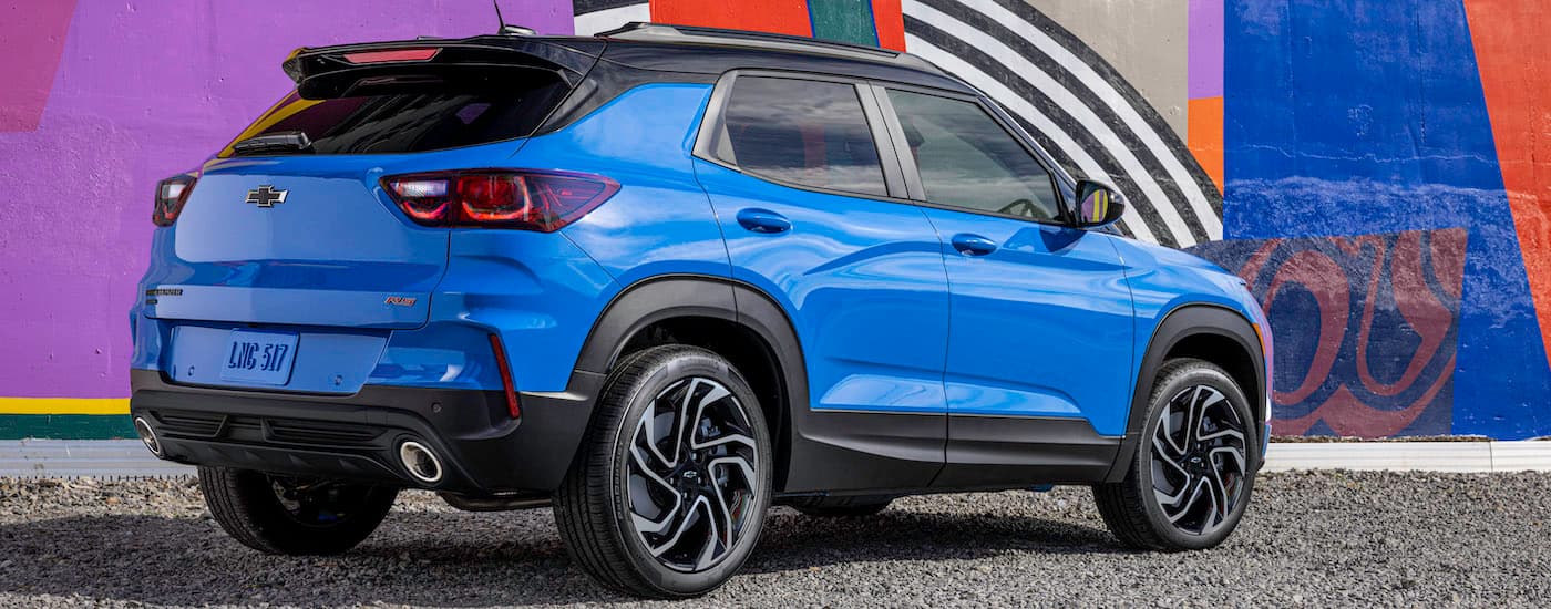 A blue 2024 Chevy Trailblazer RS is shown from the rear at an angle after leaving a Chevy dealership near North Adams.