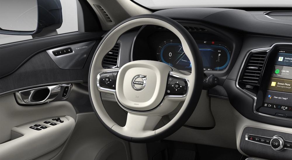 The steering wheel in a 2025 Volvo XC90 for sale.