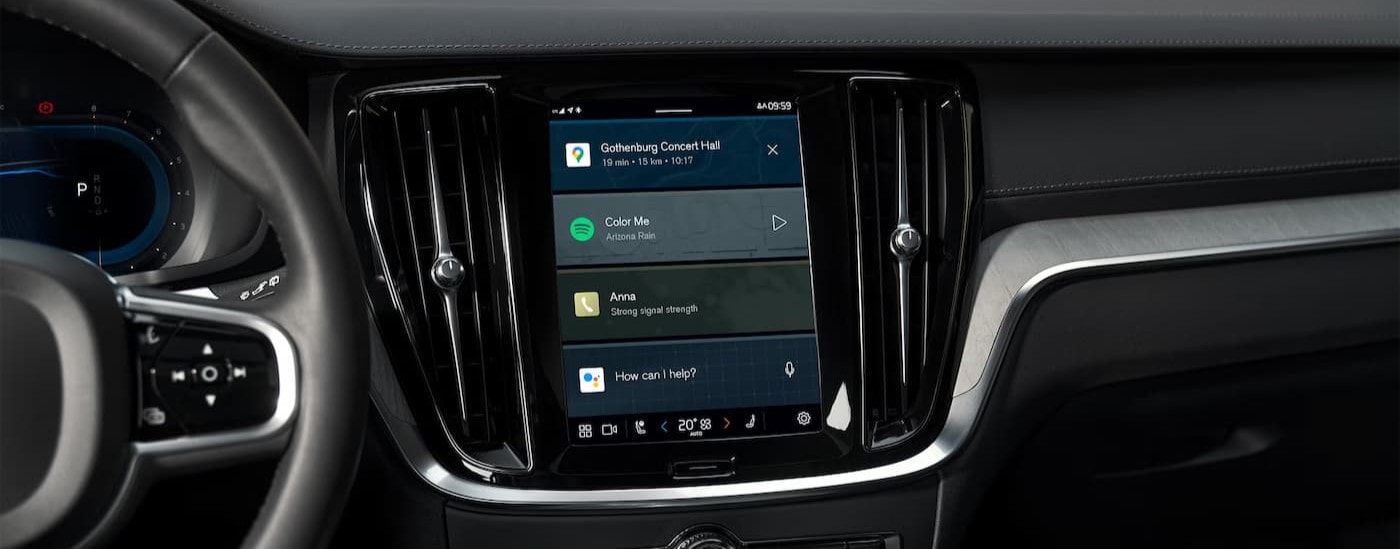 A close-up of an infotainment screen is shown in a 2025 Volvo V60 Cross Country.