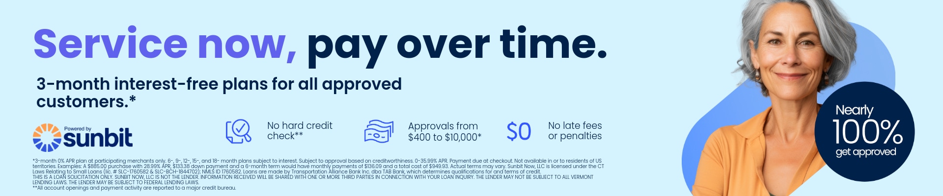 Advertisement promoting Sunbit financing for vehicle service costs including 3-month interest-free plans