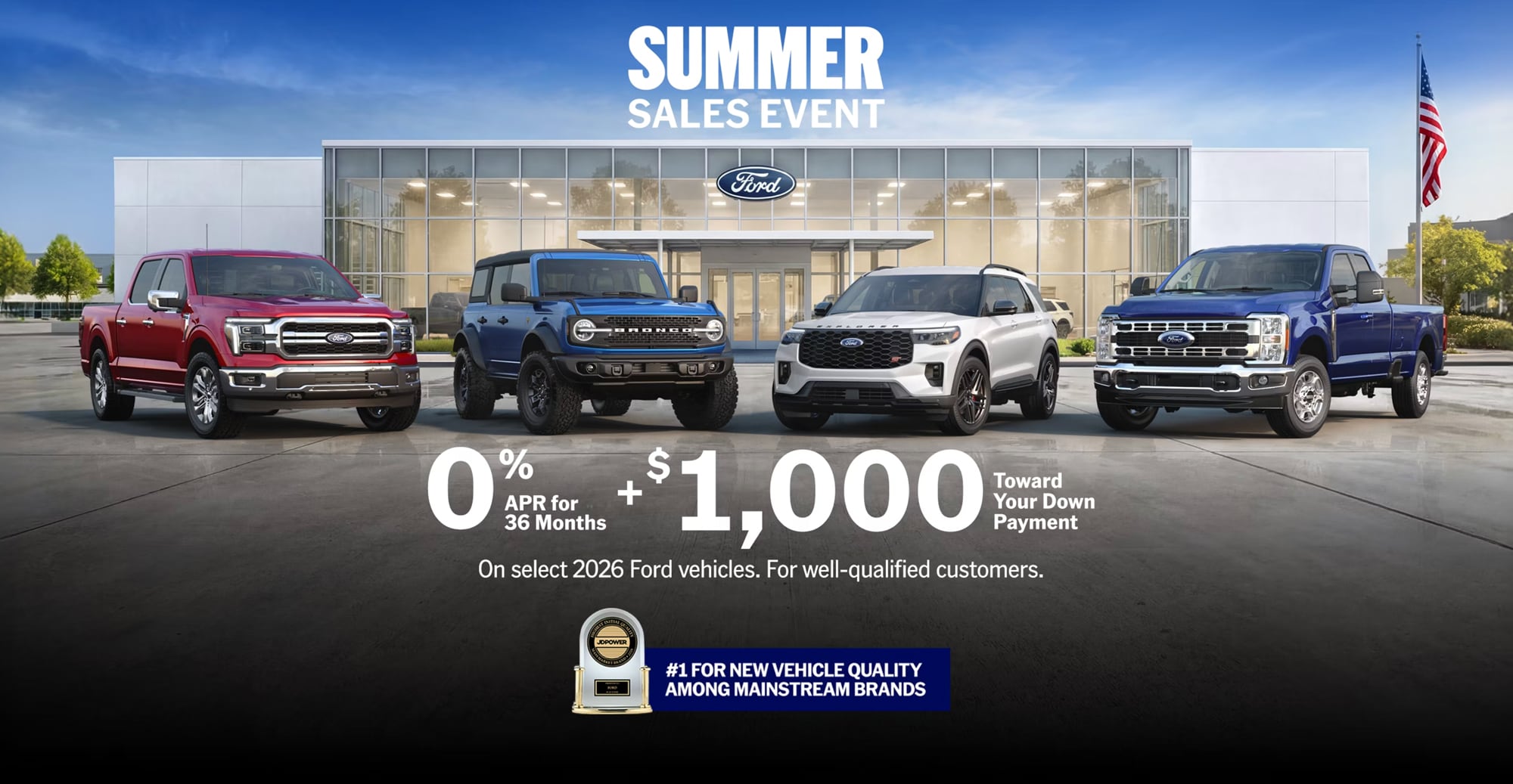 0% APR for 36 months plus $1,000 toward your down payment on select 2026 Ford vehicles at Bell Ford in Arlington, Wisconsin. For well-qualified customers.