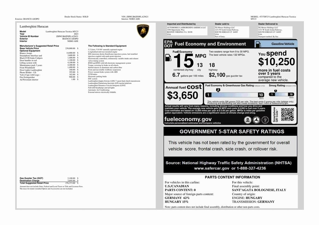 Used 2023 Lamborghini Huracan Tecnica with VIN ZHWUB6ZF0PLA25621 for sale in South Jordan, UT