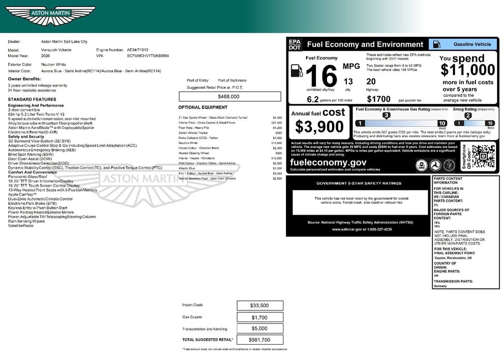 New 2026 Aston Martin Vanquish Volante Convertible