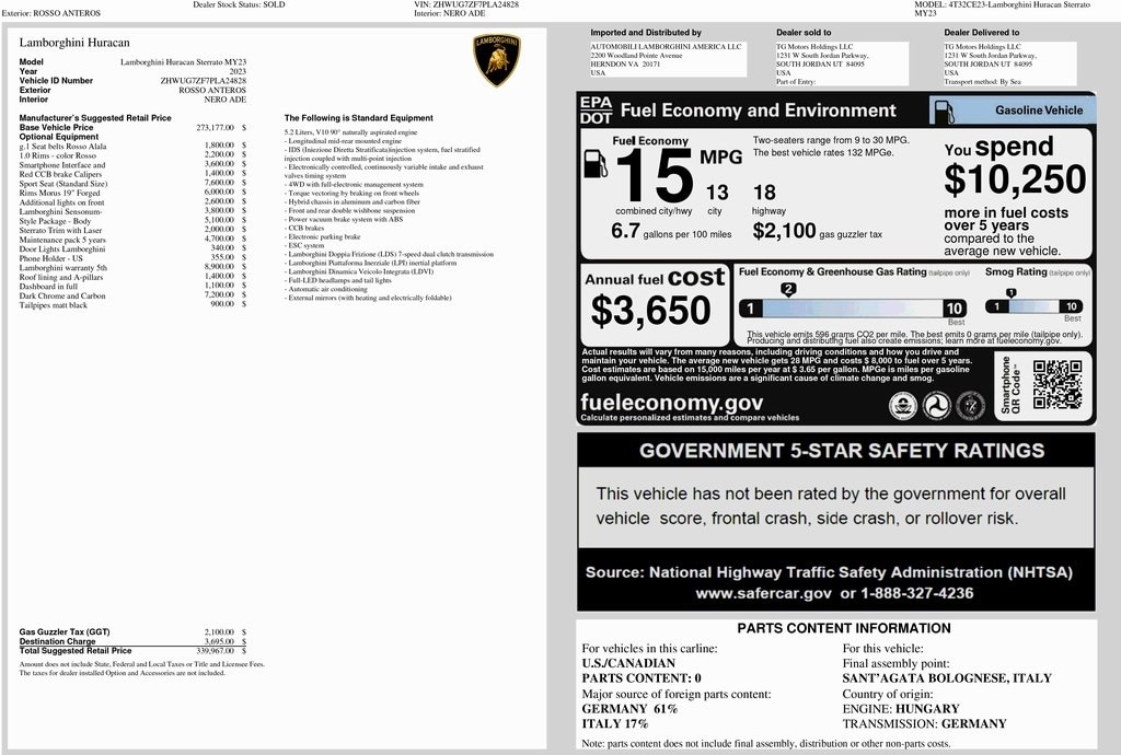 Certified 2023 Lamborghini Huracan Sterrato with VIN ZHWUG7ZF7PLA24828 for sale in South Jordan, UT