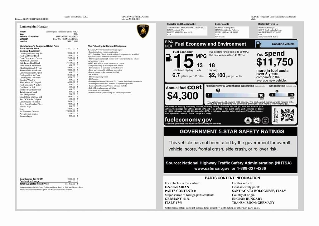 Used 2024 Lamborghini Huracn Sterrato with VIN ZHWUG7ZF7RLA28221 for sale in South Jordan, UT