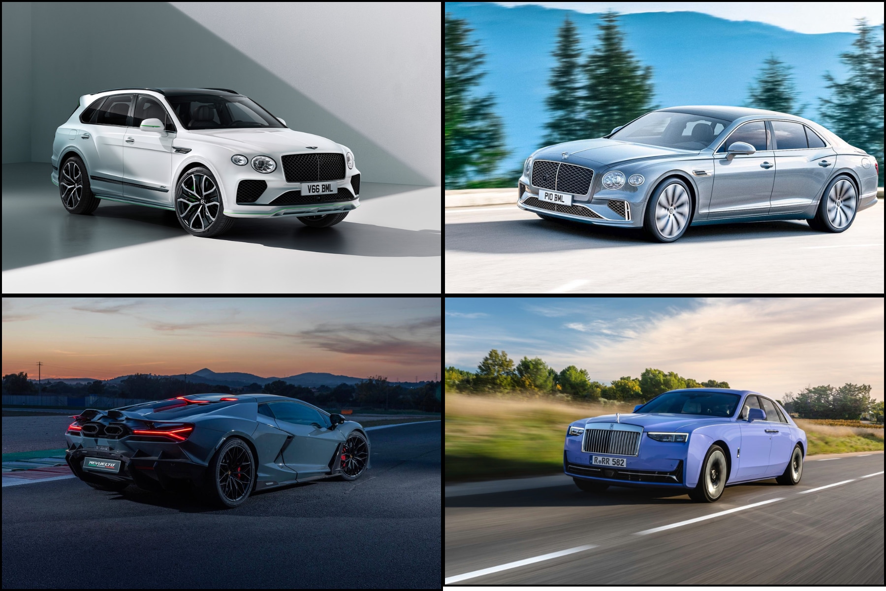 Bentley Bentayga V8, Bentley Flying Spur, Lamborghini Revuelto, and Rolls-Royce Ghost