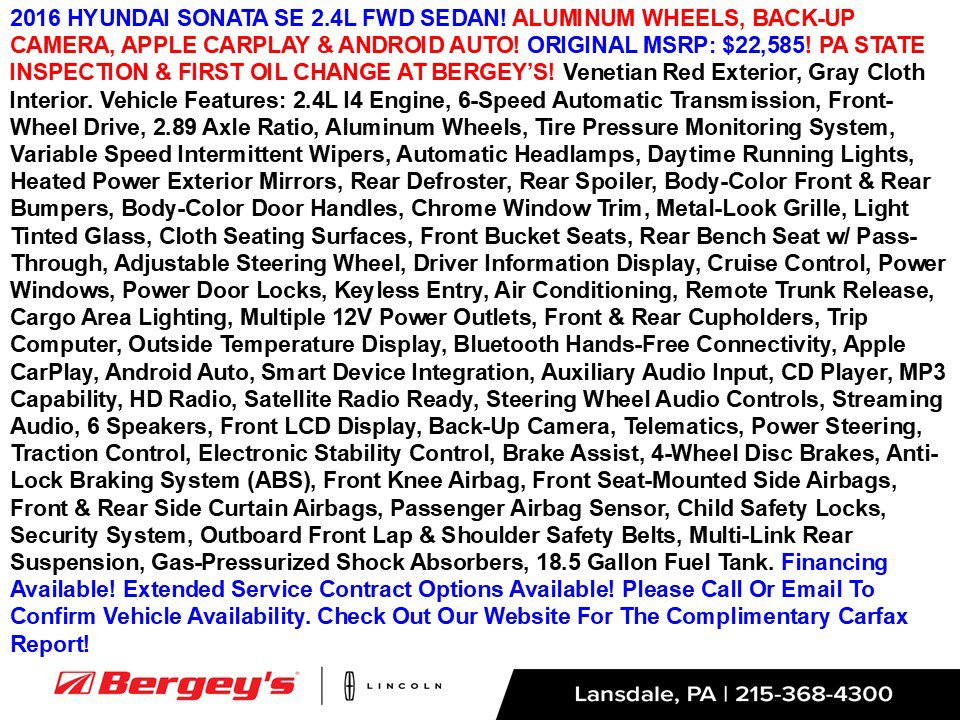 Used 2016 Hyundai Sonata SE with VIN 5NPE24AF3GH376571 for sale in Lansdale, PA
