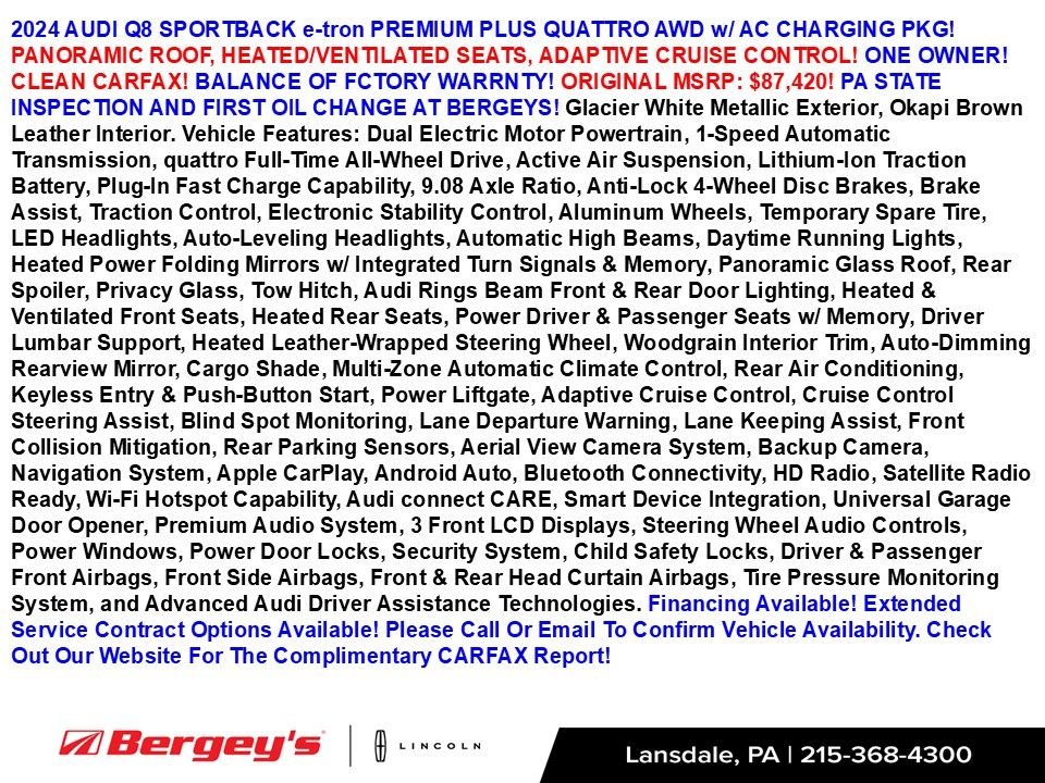 Used 2024 Audi Q8 Sportback e-tron Premium Plus with VIN WA1CAAGE9RB019336 for sale in Lansdale, PA