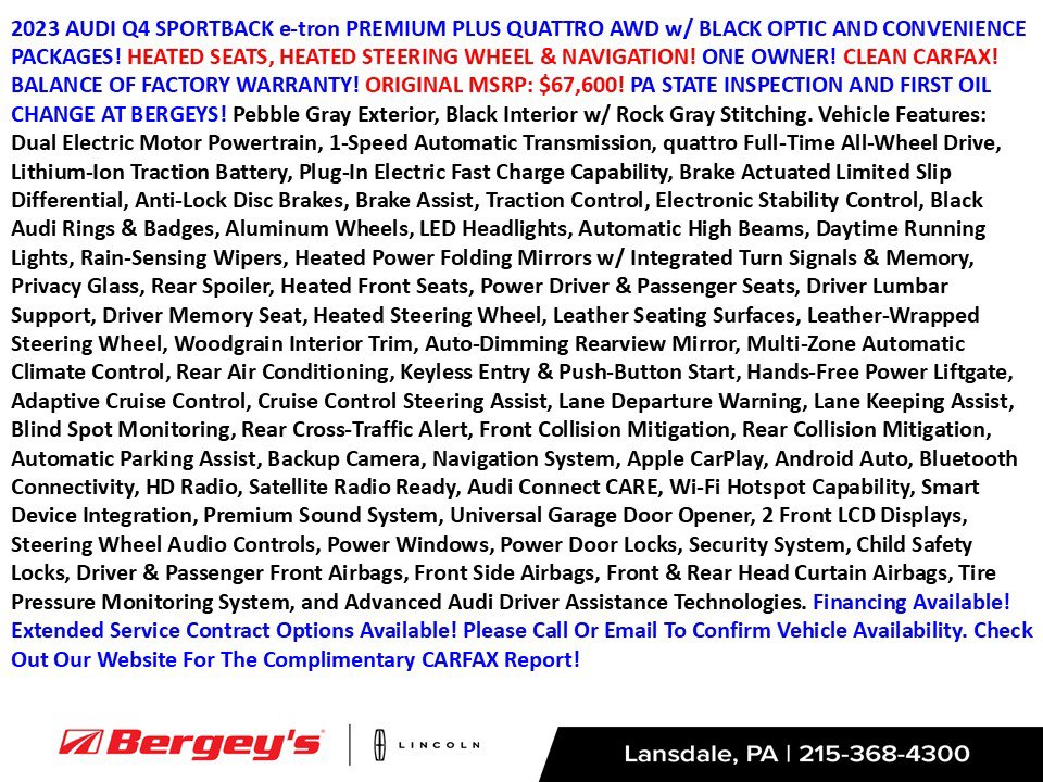 Used 2023 Audi Q4 Sportback e-tron Premium Plus with VIN WA132BFZ9PP058953 for sale in Lansdale, PA