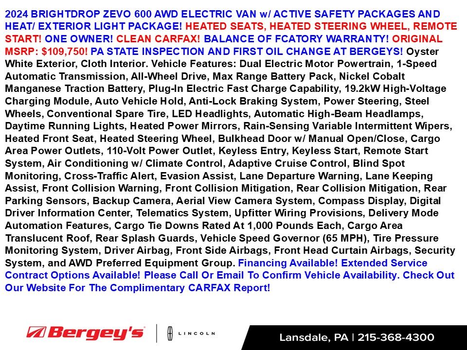 Used 2024 Chevrolet BrightDrop Zevo 600 with VIN 2G5ZJ3TZ9R9104397 for sale in Lansdale, PA