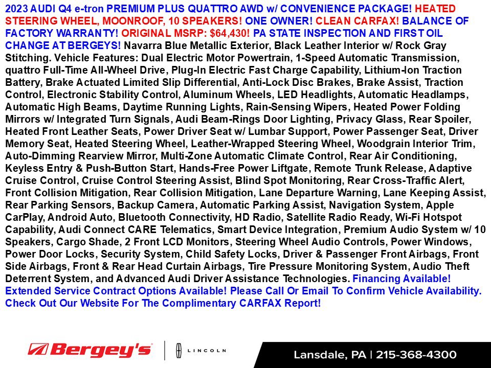 Used 2023 Audi Q4 e-tron Premium Plus with VIN WA1L2BFZ3PP070807 for sale in Lansdale, PA