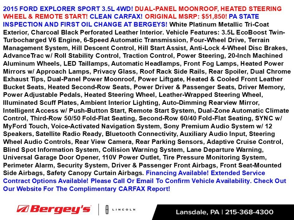 Used 2015 Ford Explorer Sport with VIN 1FM5K8GT6FGB55257 for sale in Lansdale, PA