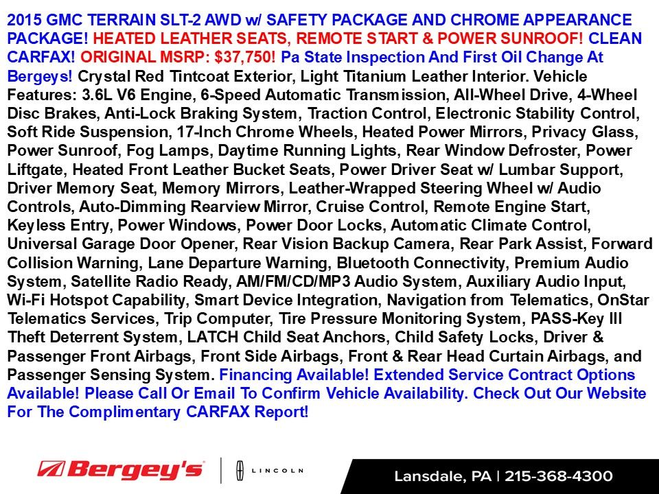 Used 2015 GMC Terrain SLT-2 with VIN 2GKFLYE31F6382109 for sale in Lansdale, PA