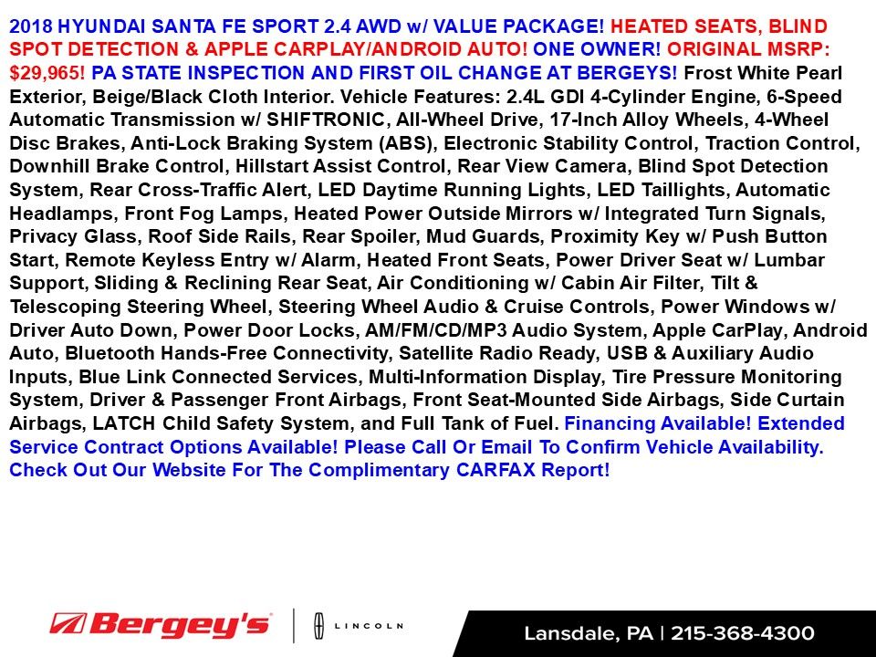 Used 2018 Hyundai Santa Fe Sport with VIN 5XYZUDLB3JG522665 for sale in Lansdale, PA