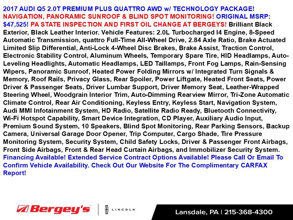 Used 2017 Audi Q5 Premium Plus with VIN WA1L2AFPXHA082367 for sale in Lansdale, PA