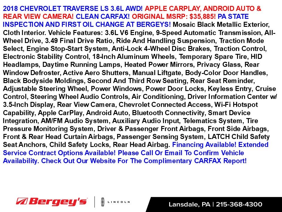 Used 2018 Chevrolet Traverse LS with VIN 1GNEVFKW5JJ118429 for sale in Lansdale, PA