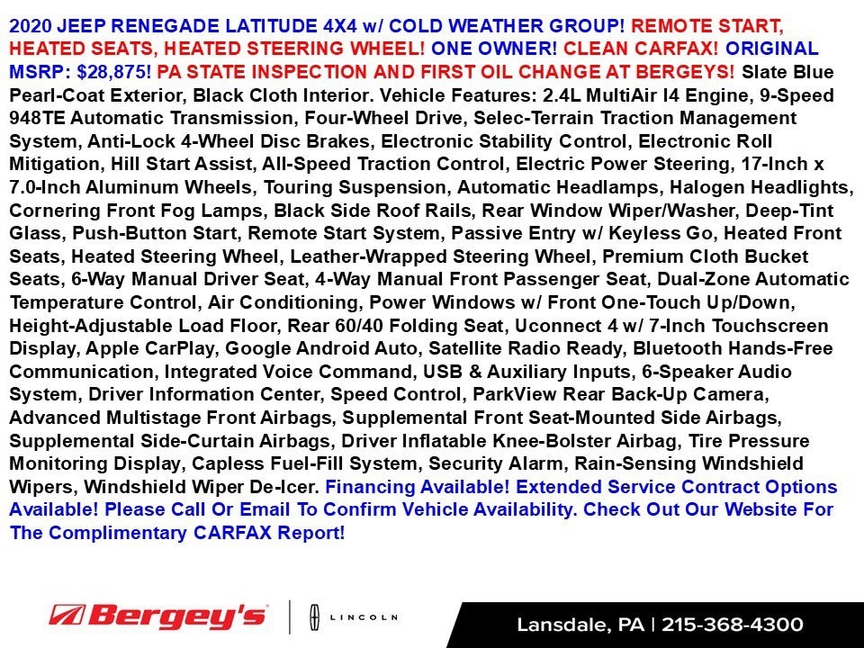 Used 2020 Jeep Renegade Latitude with VIN ZACNJBBBXLPL71014 for sale in Lansdale, PA