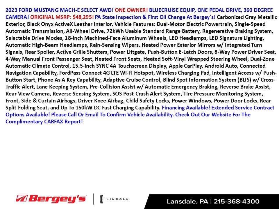Used 2023 Ford Mustang Mach-E Select AWD with VIN 3FMTK1S56PMA86813 for sale in Lansdale, PA