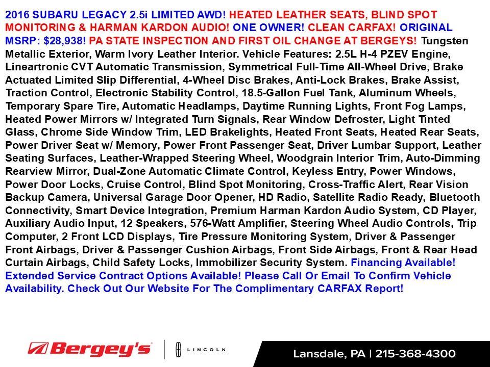 Used 2016 Subaru Legacy 2.5i Limited with VIN 4S3BNAJ62G3035859 for sale in Lansdale, PA